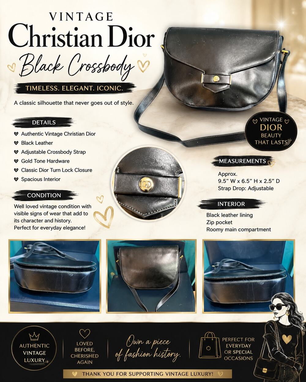 LS021 Christian Dior Black Leather Vintage Crossbody*Adjustable Length